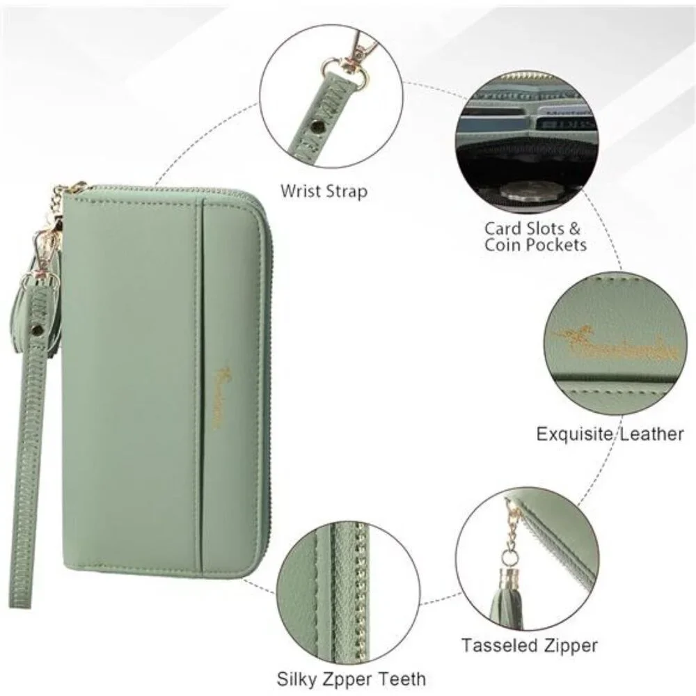 Travelambo Womens RFID Long Wallet Clutch Purse with Tassel Wrist Strap